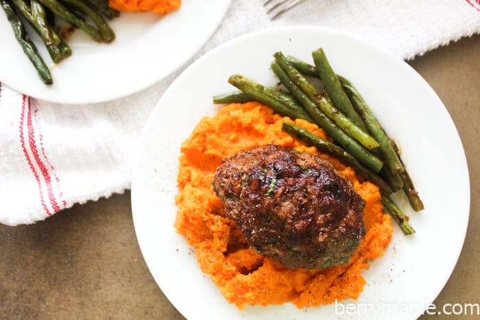 Glazed meatloaf with sweet potatoes and green beans