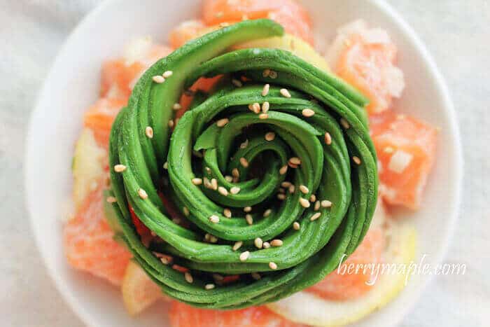 salmon seviche with avocado rose