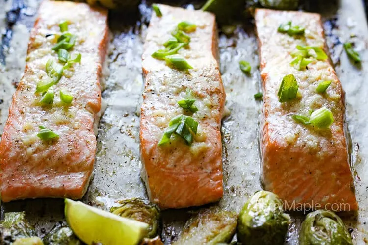 One pan buttery garlic salmon with brussels sprouts