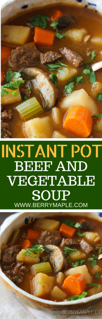 OLD FASHIONED BEEF AND VEGETABLE SOUP in INSTANT POT. Thick, delicious and absolutely comforting old fashioned beef and vegetable soup in Instant pot will comfort you on a cold day! #instantpot #soup #beef #instantpotsoup #instapot #instantpotrecipes #souprecipe #beefsoup old fashioned beef and vegetable soup in instant pot with mushrooms and celery and beef