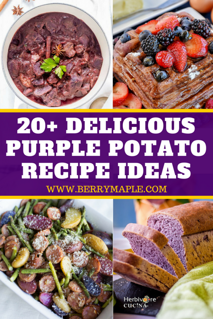 4 photos of dishes made with purple potatoes