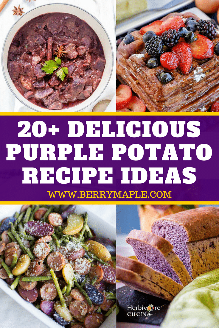 4 photos of dishes made with purple potatoes