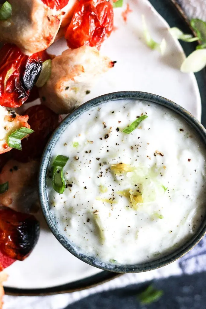 Greek chicken kabobs with a bowl of yogurt dip