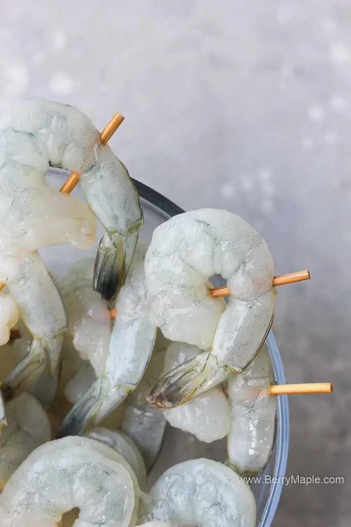 raw shrimp on the skewer