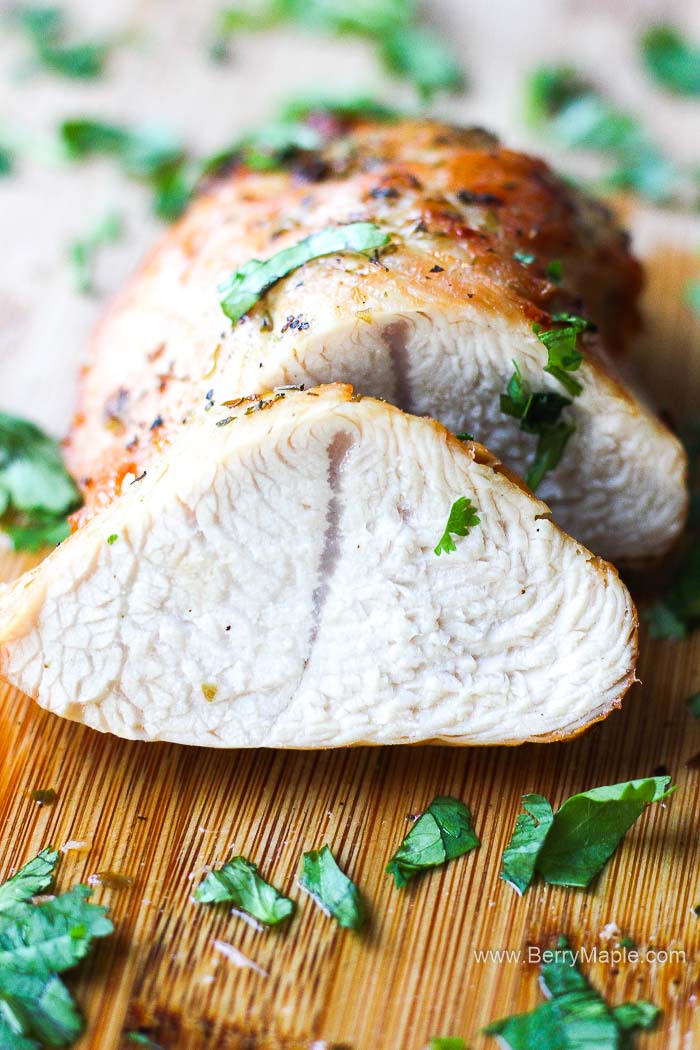 a piece of turkey tenderloin cooked in air fryer with cilantro on top