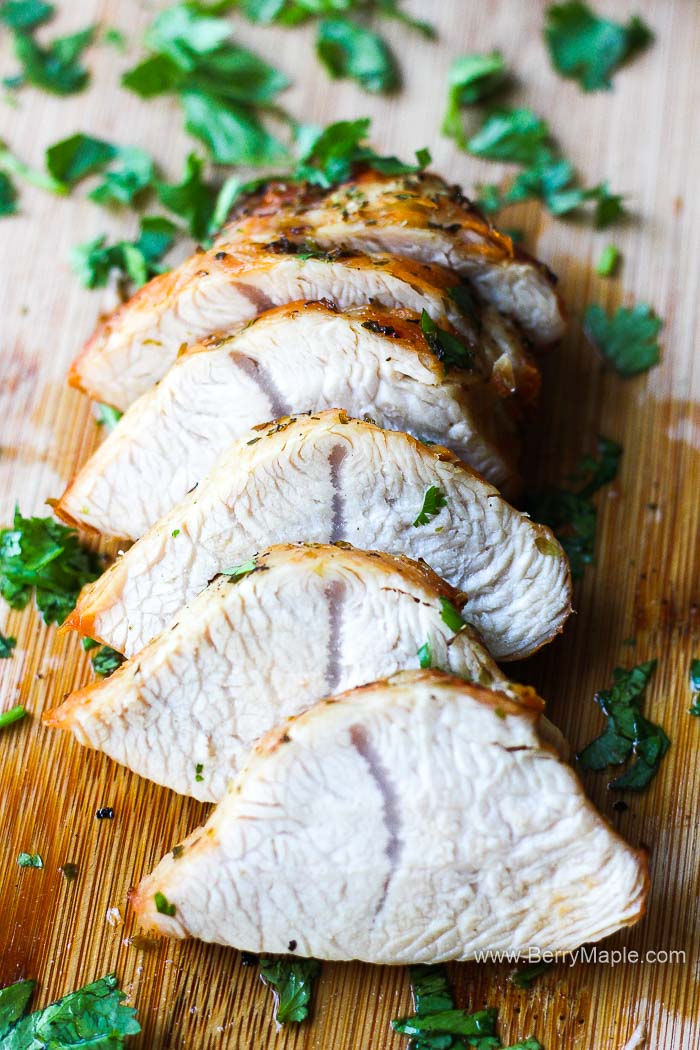 sliced turkey tenderloin with chopped cilantro on top