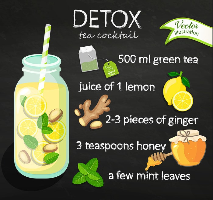 Recipe detox cocktail with green tea, lemon, ginger, honey, mint. Vector illustration for diet menu, cafe and restaurant menu. Fresh smoothies, detox, fruit cocktail for healthy life.