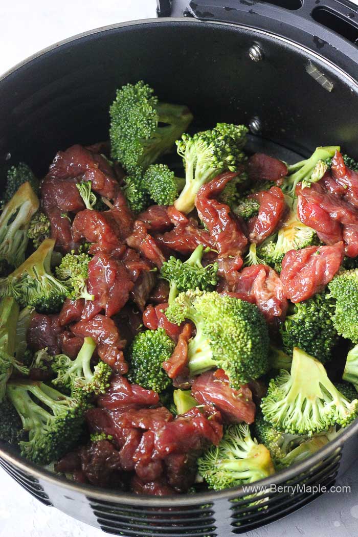 raw beef and broccoli in airi fryer