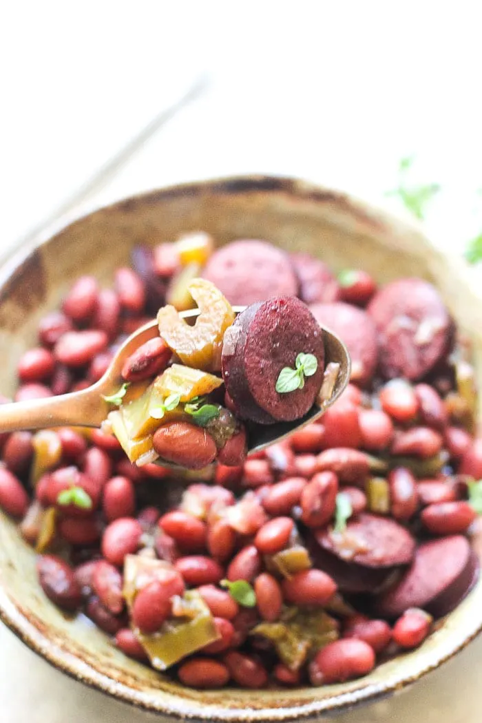 a spoonfull of beans and smoked sausage instant pot
