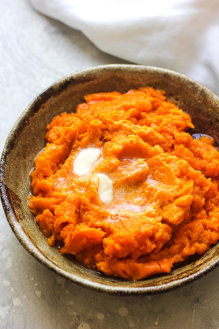 Mashed sweet potatoes in a bowl