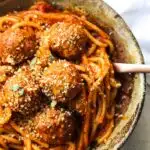 instant pot meatalls and spaghetti in a bowl