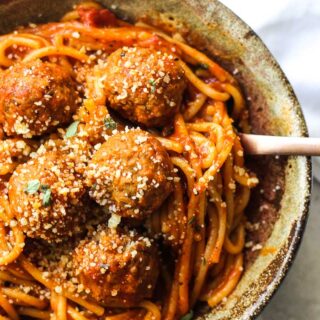 instant pot meatalls and spaghetti in a bowl