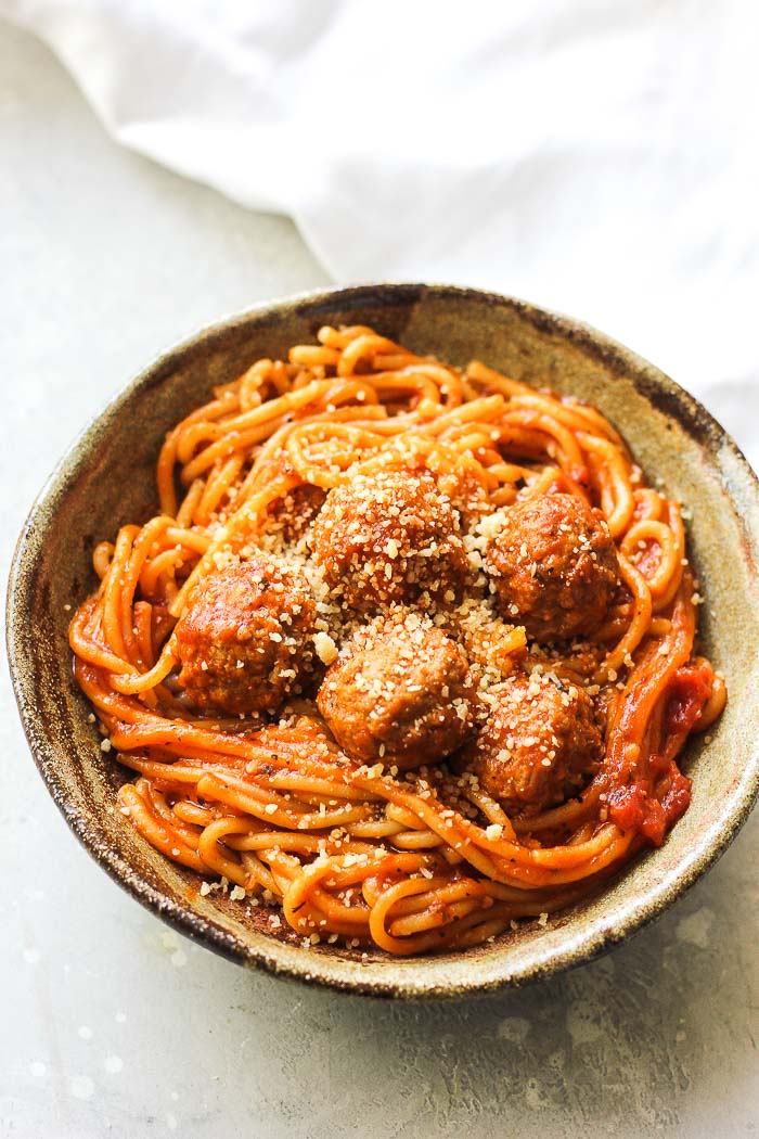 a bowl of pressure cooked spaghetti and meatballs