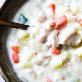 close shot of new england clam chowder