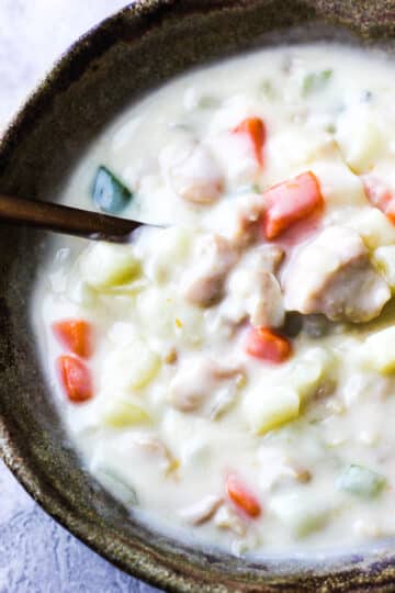 close shot of new england clam chowder