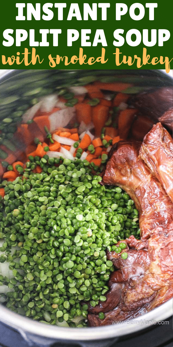 split pea soup ingredients in the pot with text overlay