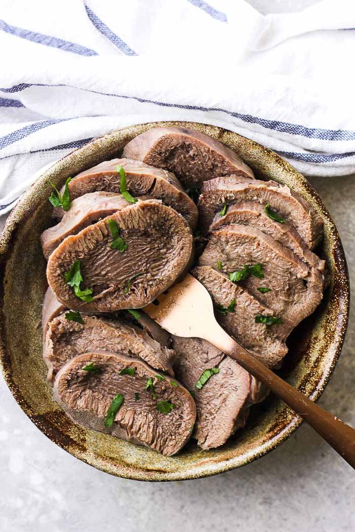 sliced beef tongue on the plate