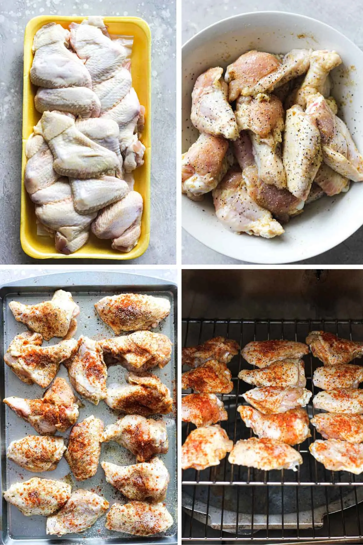 step by step collage of how to season chicken wings segments