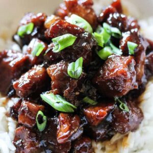 close shot of sticky pork pieces