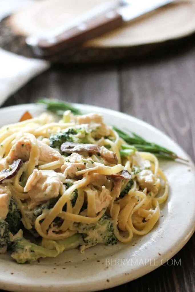 muchrooms, chicken and broccoli pasta on a white plate