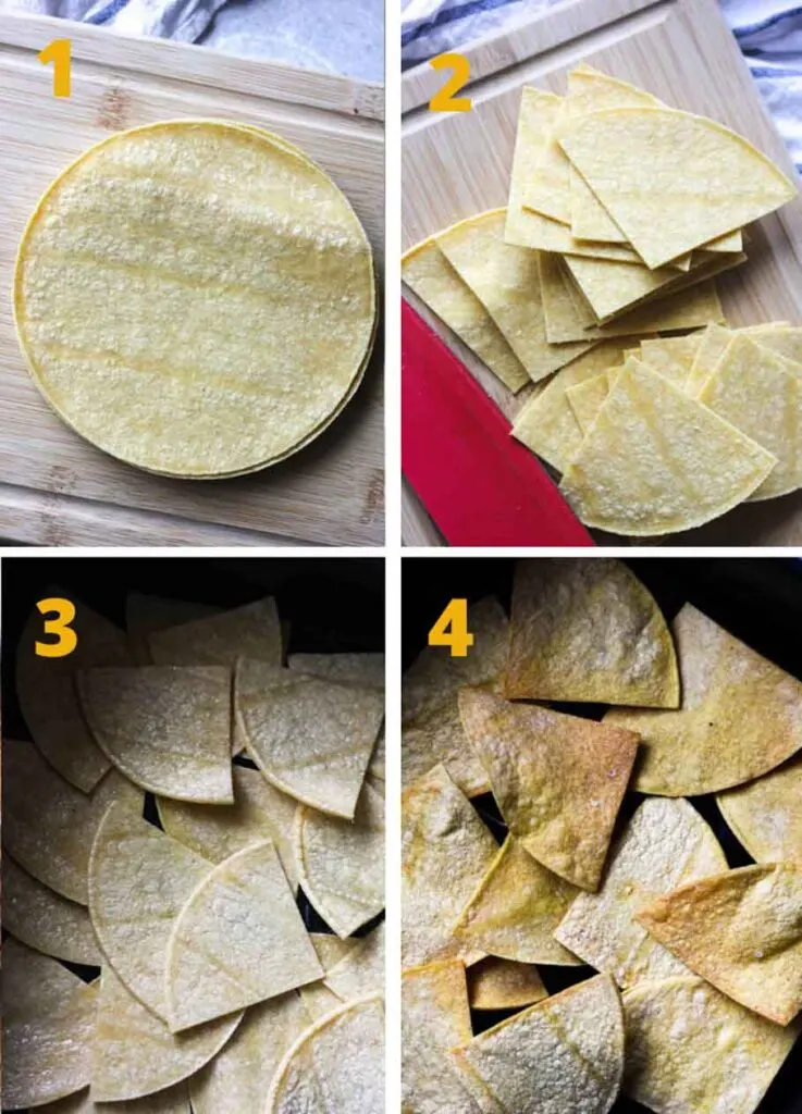 collage of step by step photos of how to make air fryer tortilla chips