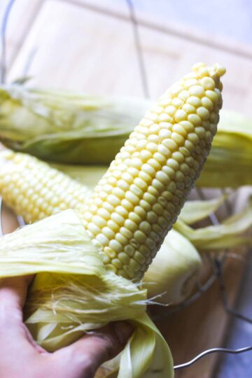 cooked corn in the hand