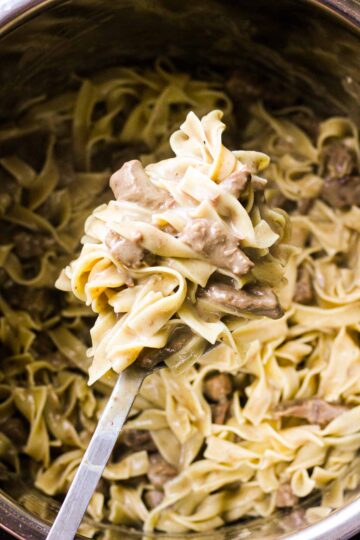 beef tips and noodles on the spoon