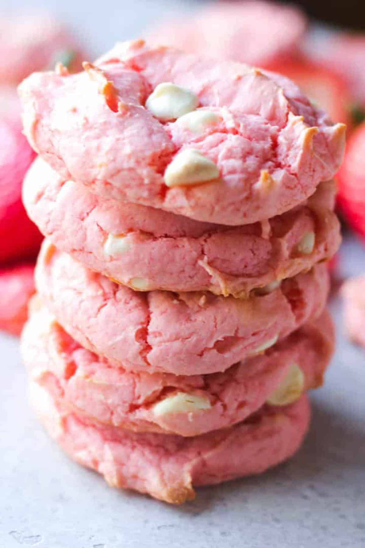 pink strawbeery milkshake cookies stack with white chocolate chips
