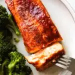 air fried salmon with bbq sauce with broccoli on the plate