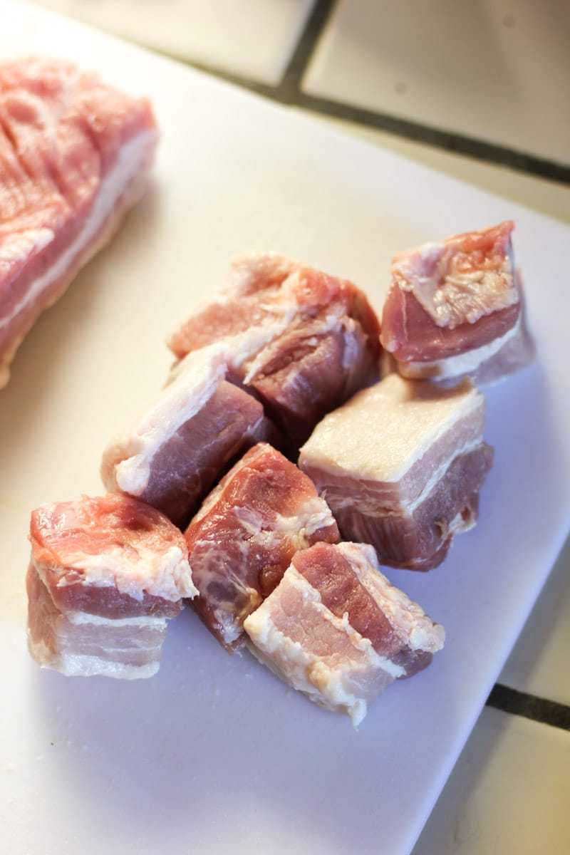 cutting pork in cubes